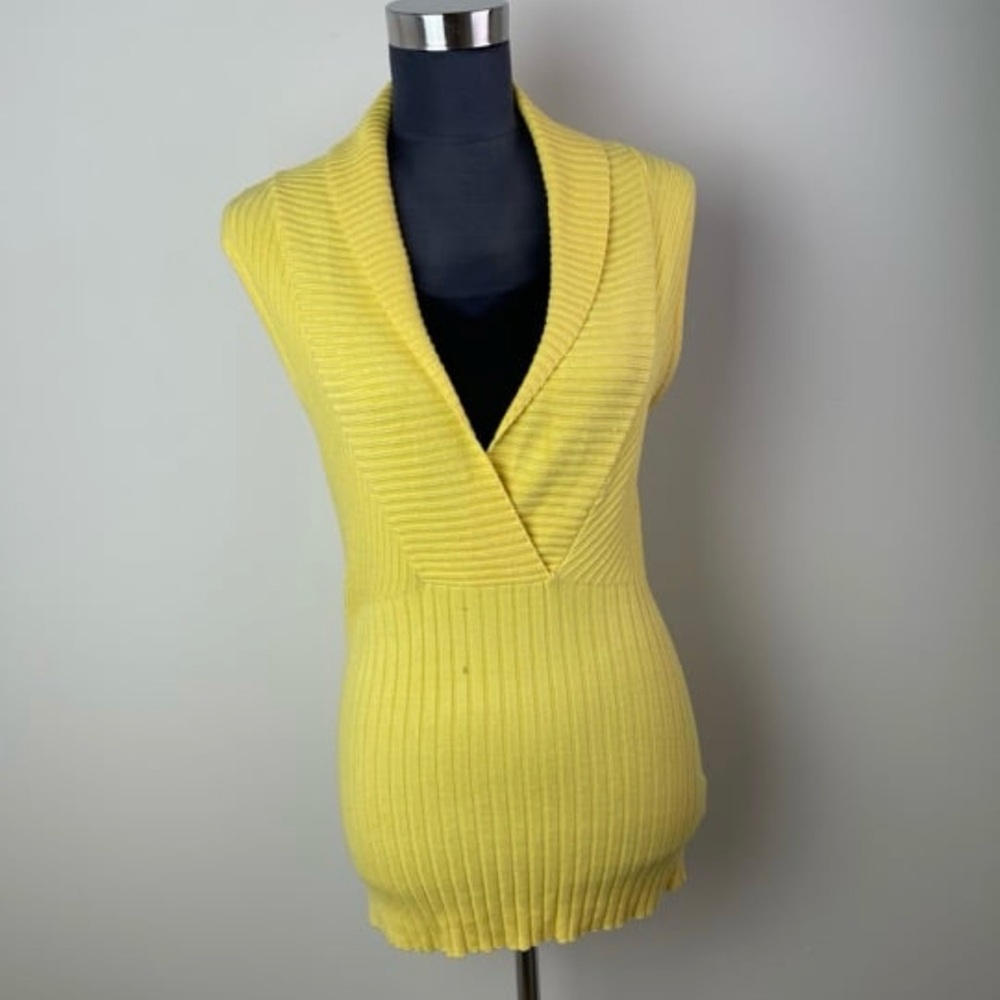 CACHE Vintage Women's Sleeveless Rib-Nit V-Neck Yellow Sweater Blouse